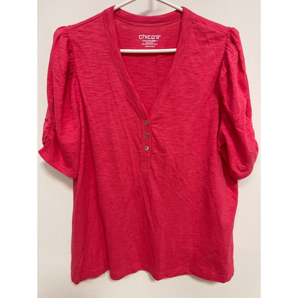 Chicos Pink Slub Knit Henley Top Puffed Ruched Short Sleeve Size 3 XL